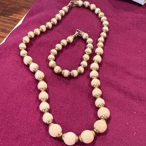 Elegant Avon Gold and Pink Beaded Necklace and Bracelet Set